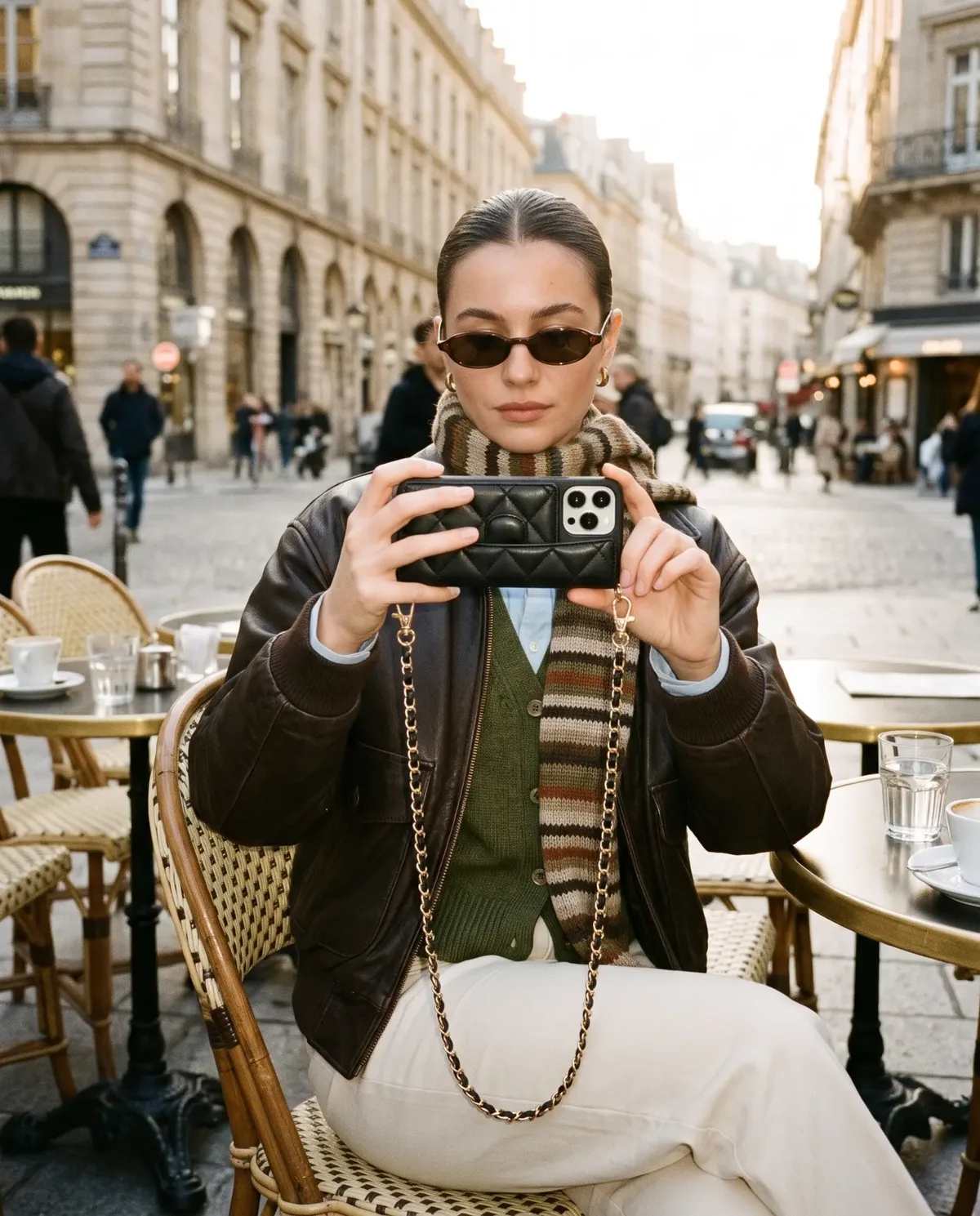 Midnight Black phone purse with a full-length pocket held up at a Parisian café table, its gold chain looping down