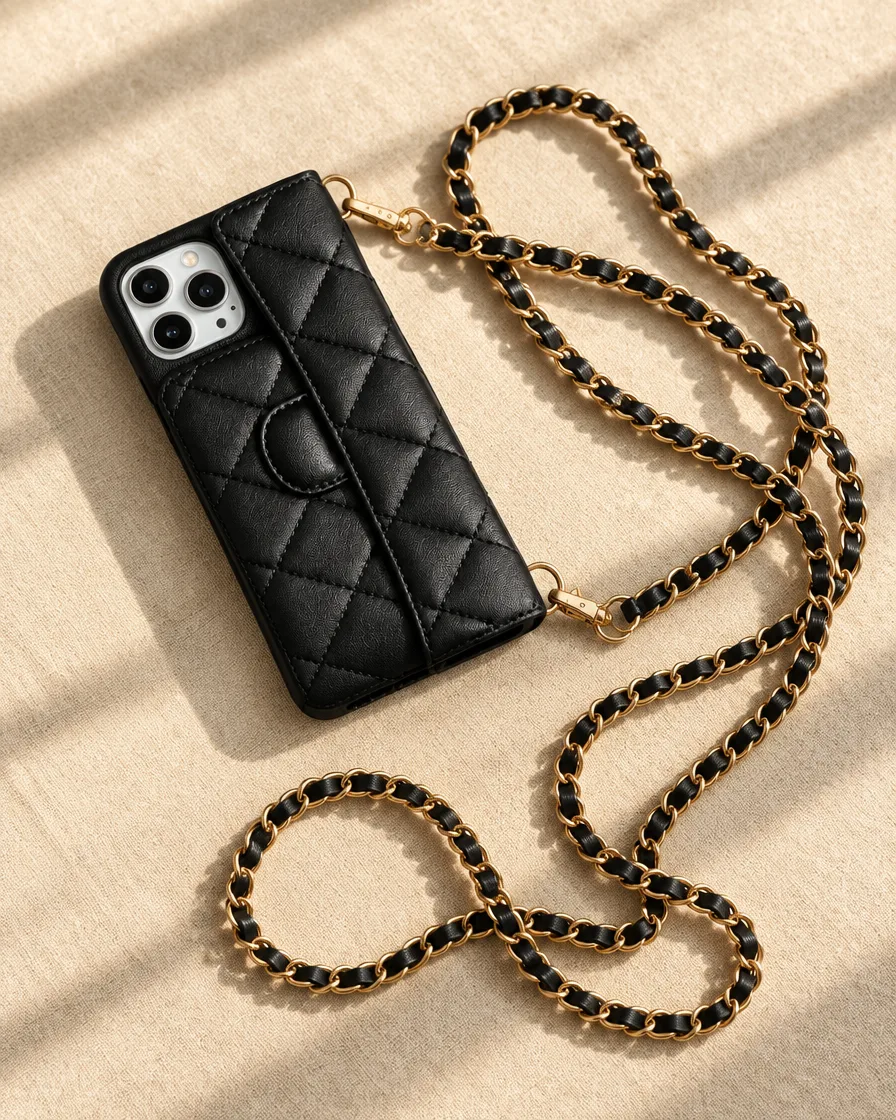 Midnight Black quilted phone purse with its gold chain on a woven tan fabric