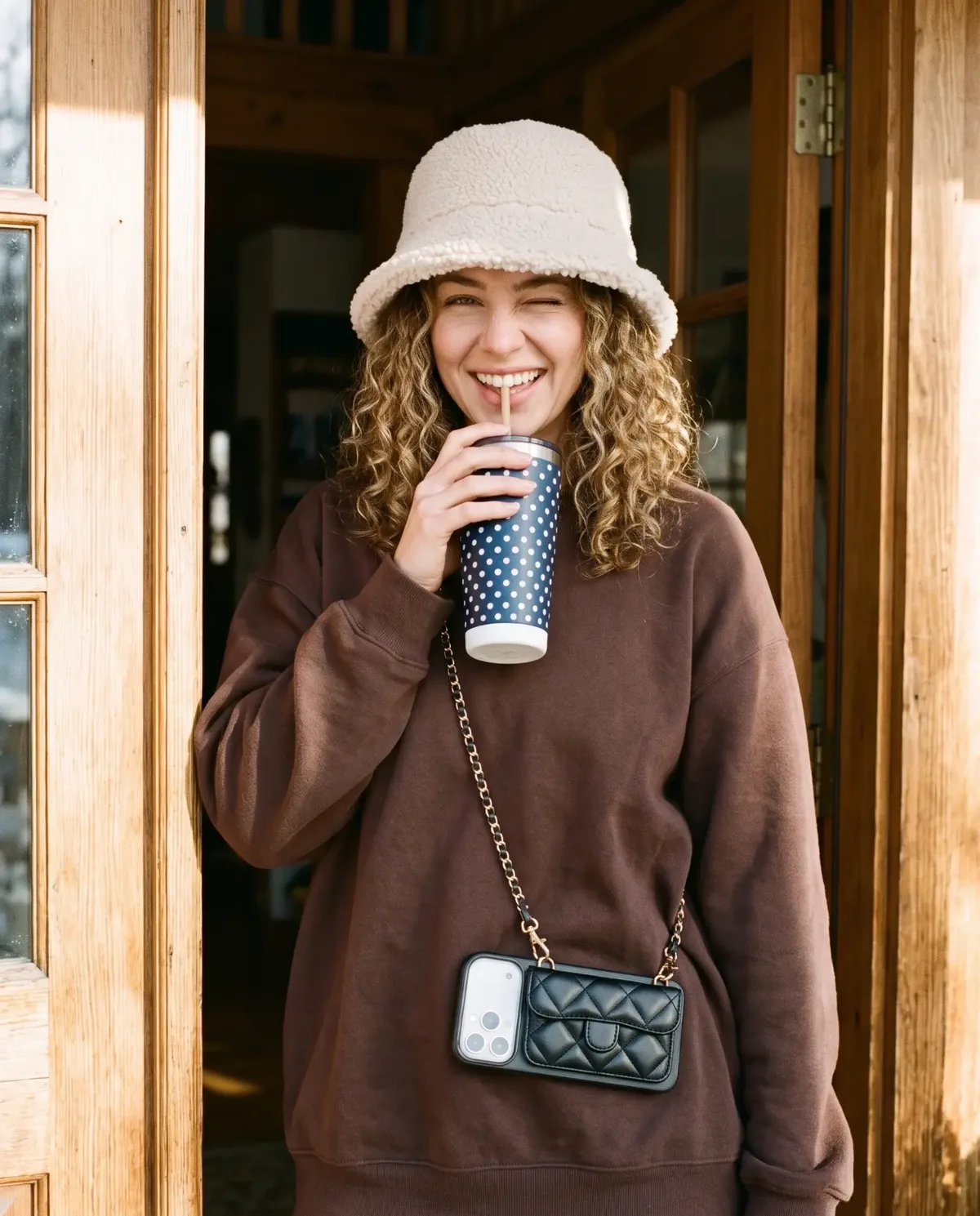 Midnight Black phone purse with a short pocket worn crossbody over a brown sweatshirt at a wooden doorway, a polka-dot coffee cup in hand