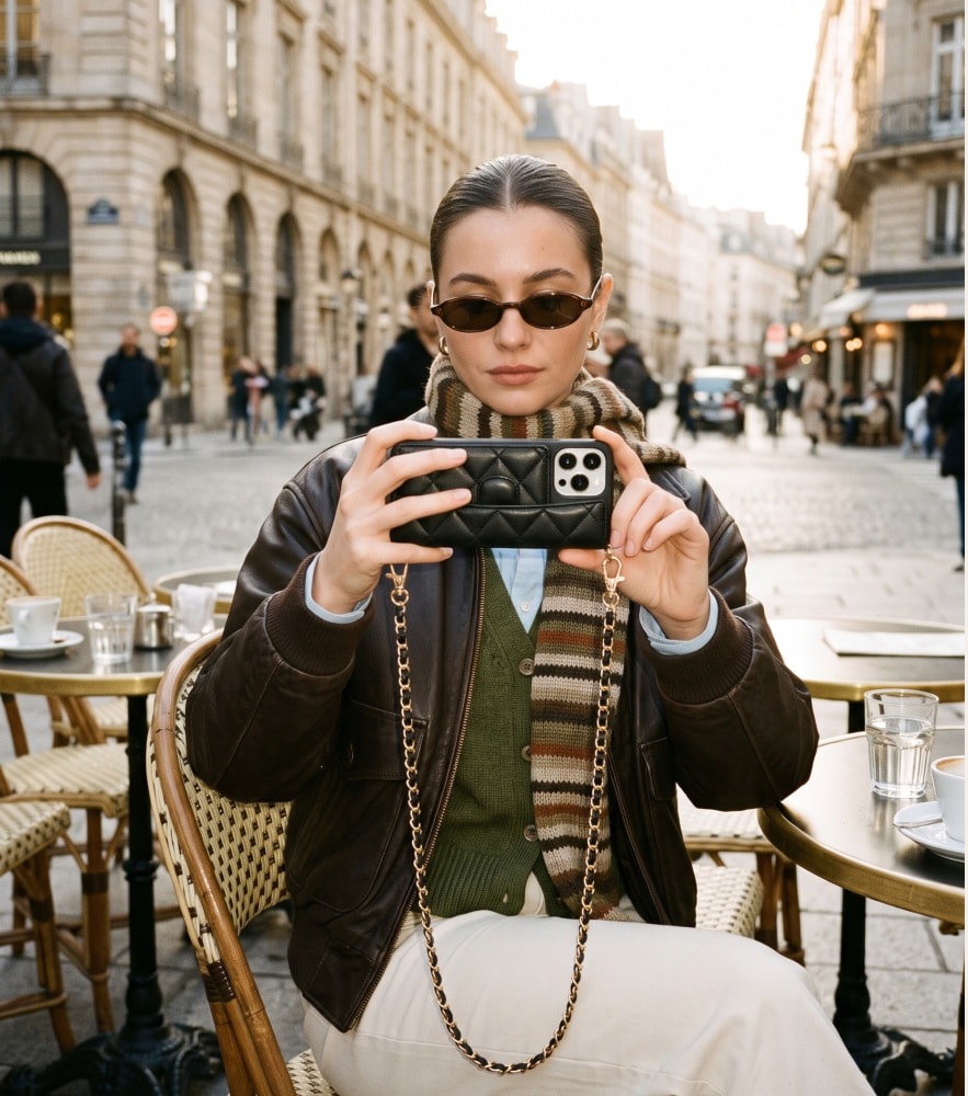 A woman at a Parisian café holds up a black quilted phone purse on its gold chain