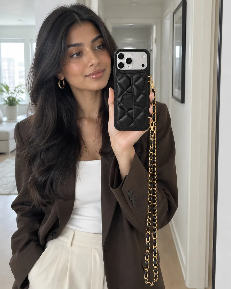 Midnight Black phone purse with a short pocket, held for a mirror selfie with a brown blazer