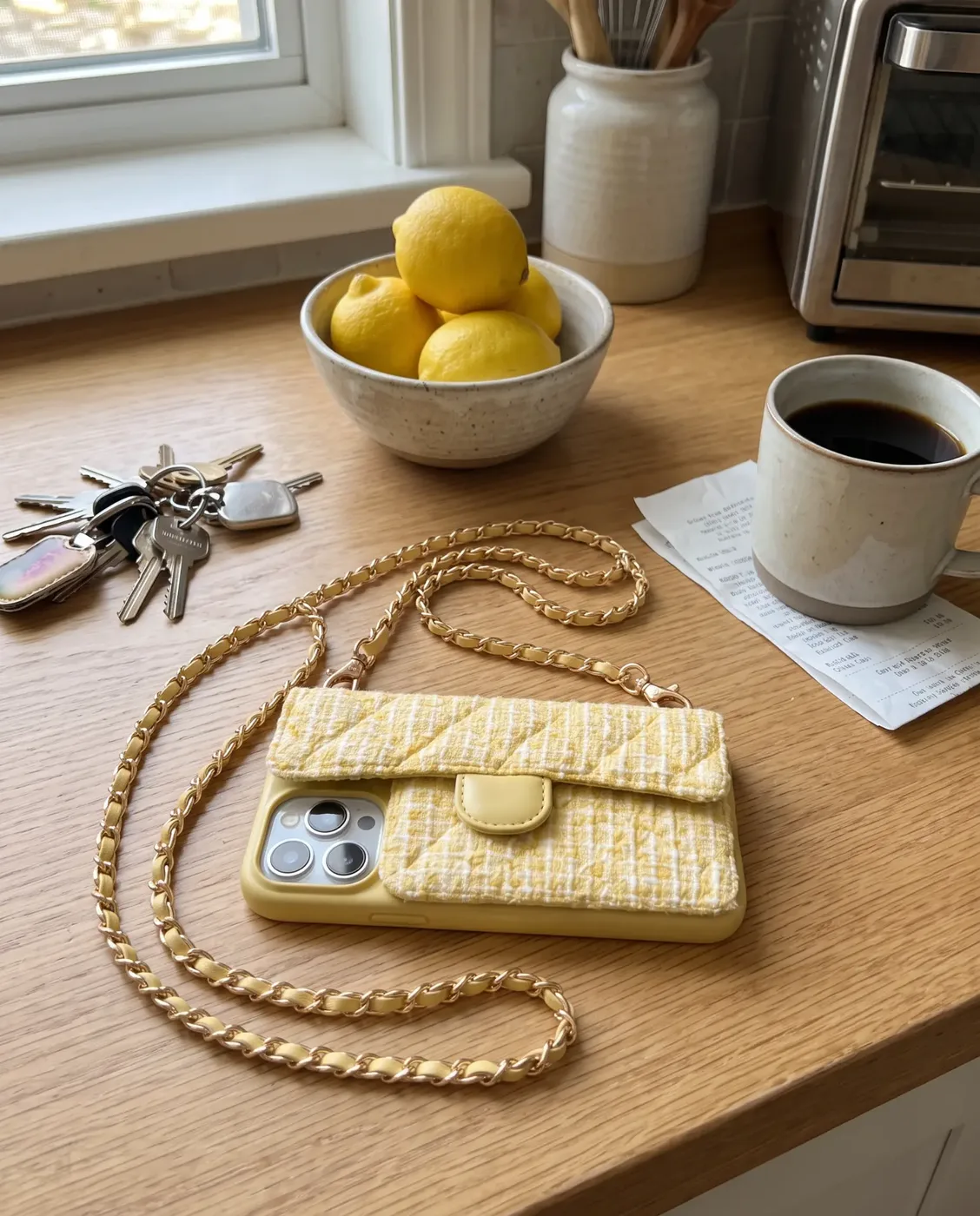 Lemon Tweed phone purse with a full-length pocket on a kitchen counter with its gold chain, a bowl of lemons and a coffee cup