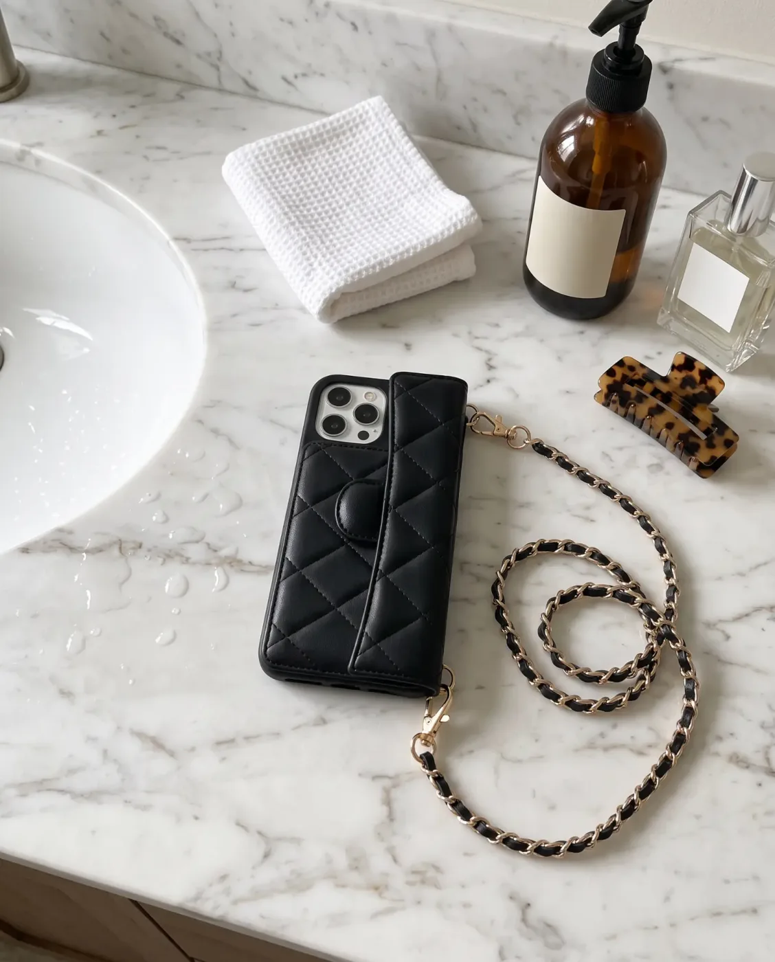 Midnight Black phone purse with a full-length pocket on a marble bathroom vanity beside a sink, with a folded white towel, an amber pump bottle, a perfume bottle and a tortoiseshell claw clip
