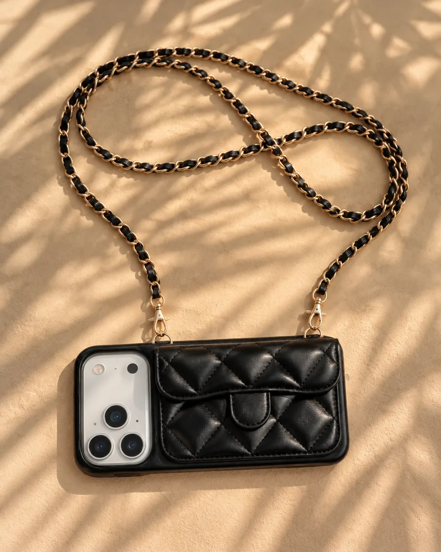 Midnight Black phone purse with a short pocket and its gold chain on a sandy surface