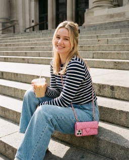 A pink phone purse worn on stone steps