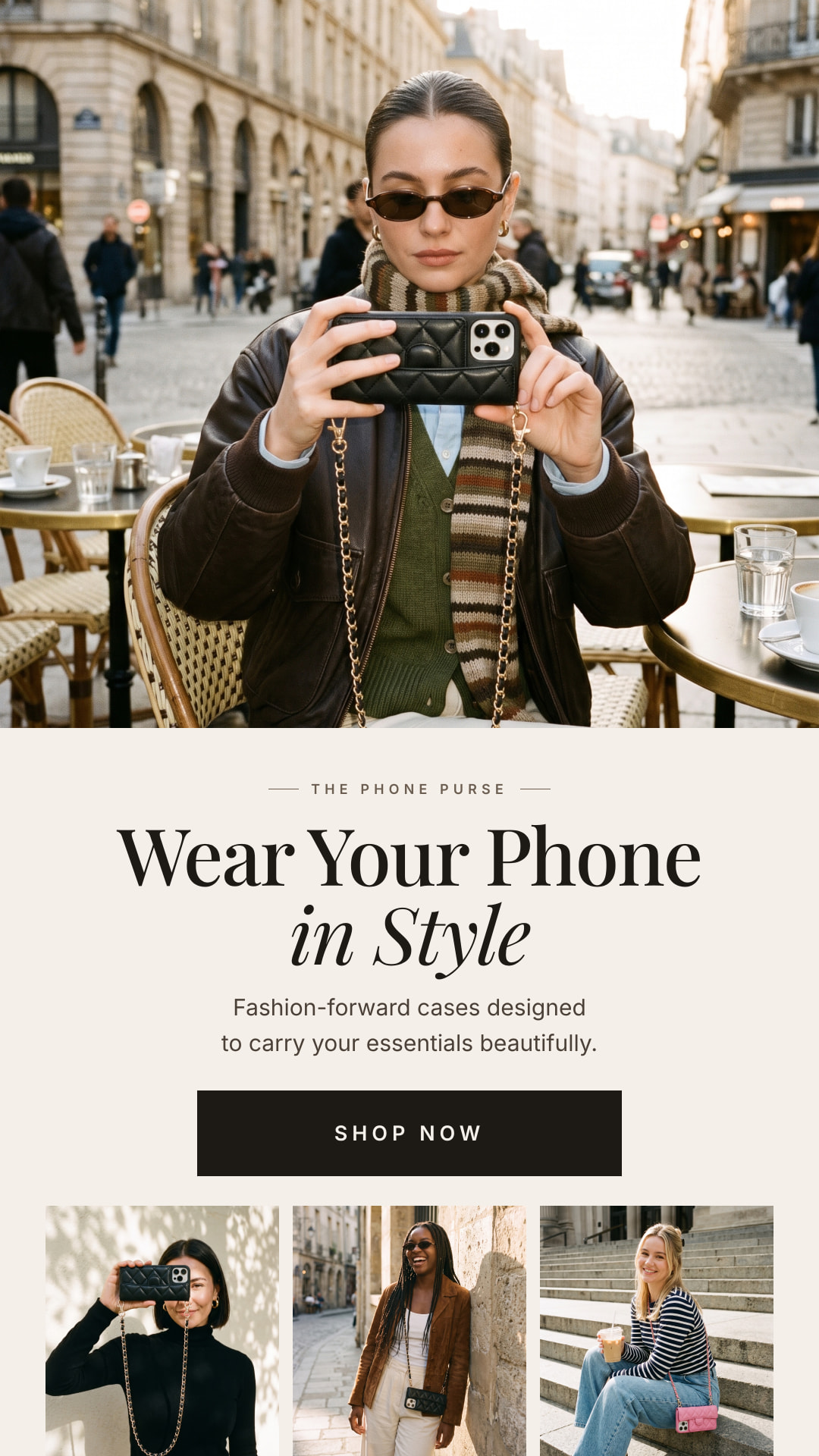 A woman at a Parisian café holds up a black quilted phone purse with its gold chain, above the words Wear your phone in style and three more photos of the cases being worn