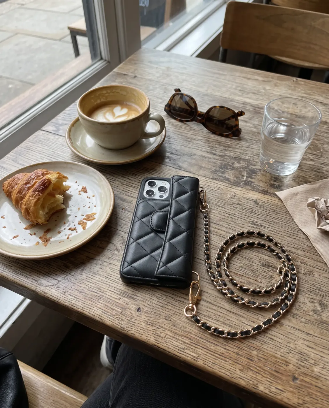 Midnight Black phone purse with a full-length pocket on a wooden café table by a window, its gold chain coiled beside a latte, a croissant on a plate and tortoiseshell sunglasses