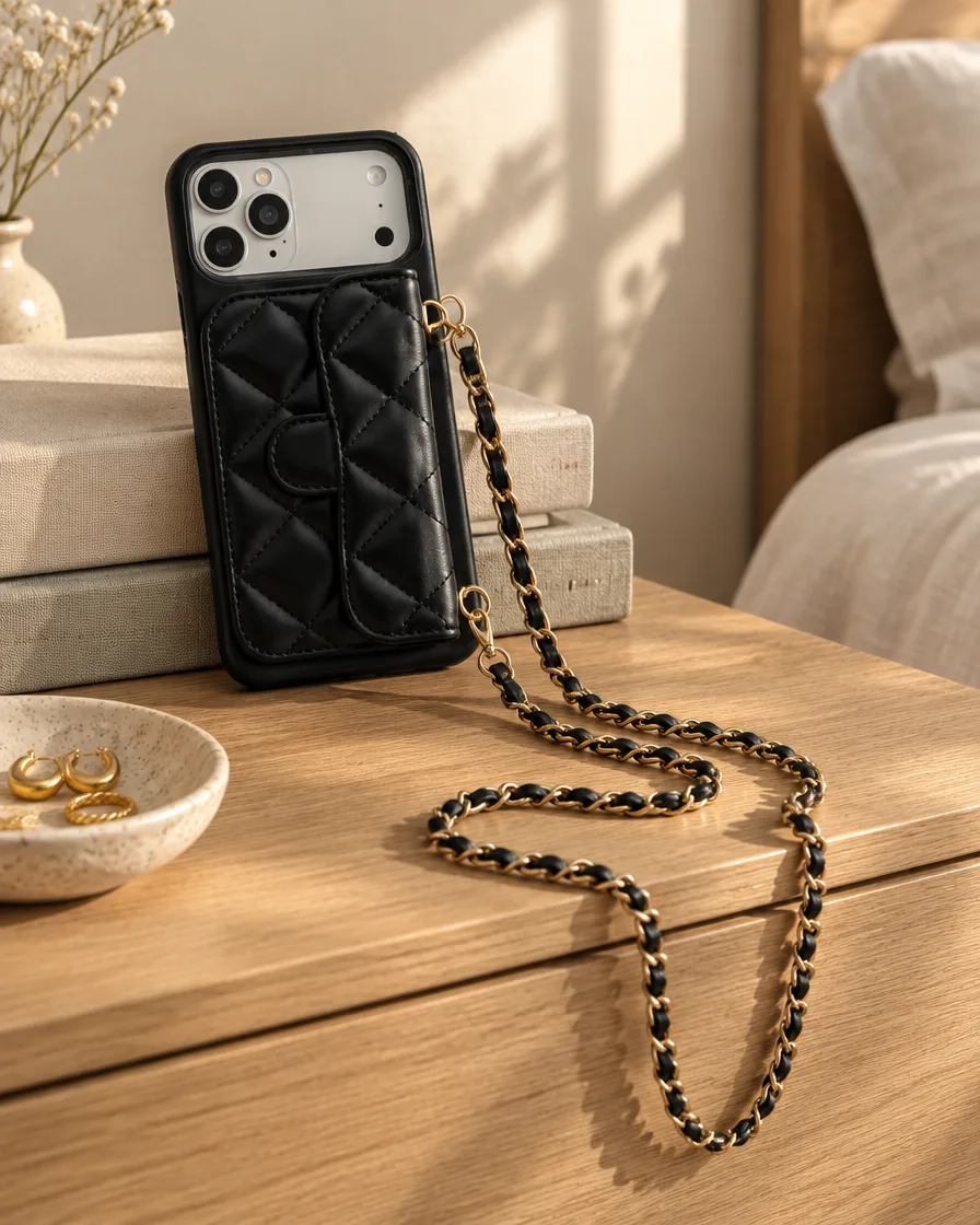 Midnight Black phone purse with a short pocket propped against books on a nightstand