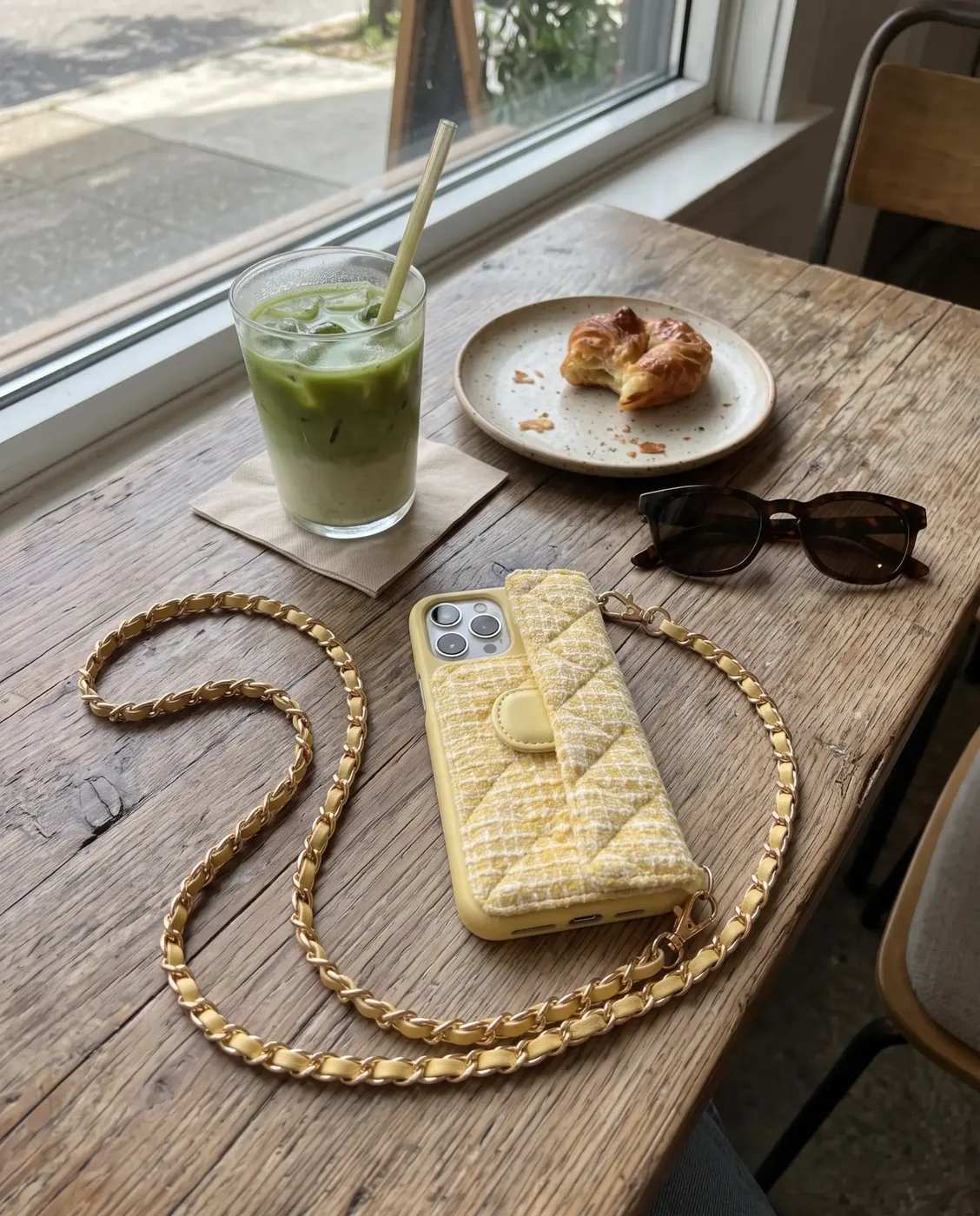 Lemon Tweed phone purse with a full-length pocket on a café table with its gold chain coiled around an iced matcha and a croissant