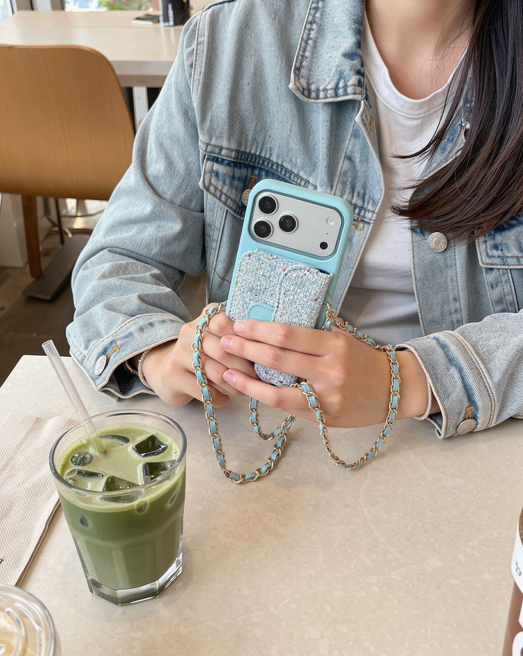 Tweed Chain Phone Case – Sky Blue
