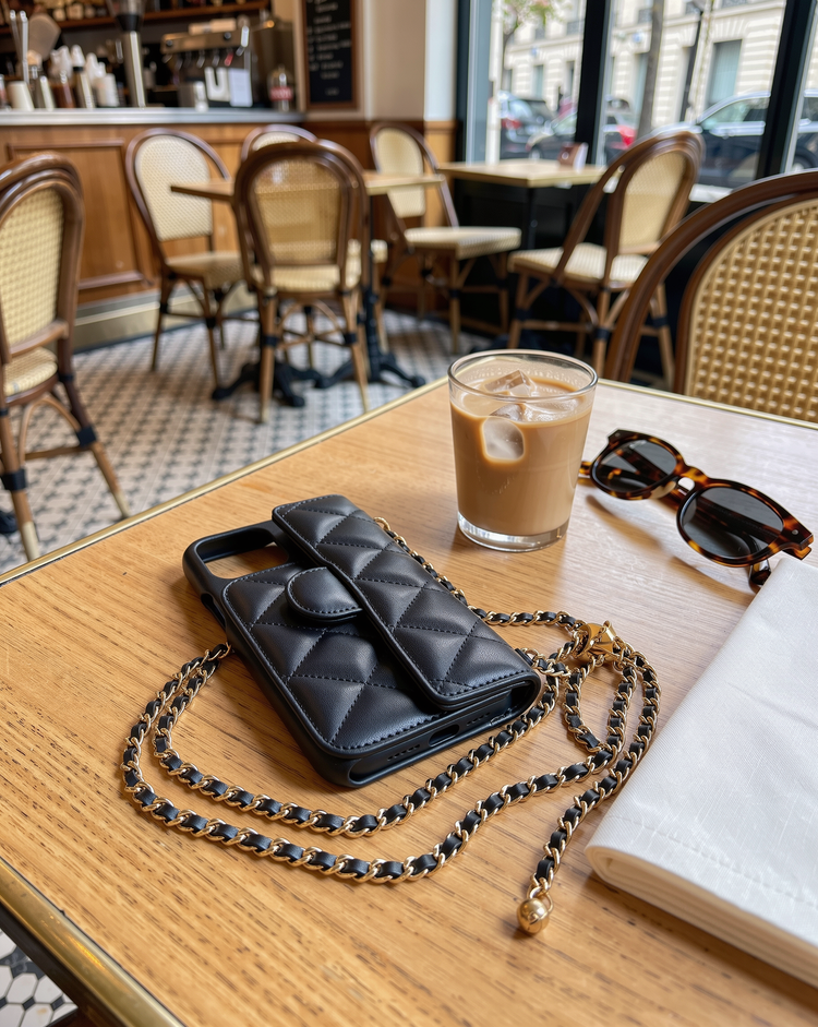 Black case on a café table
