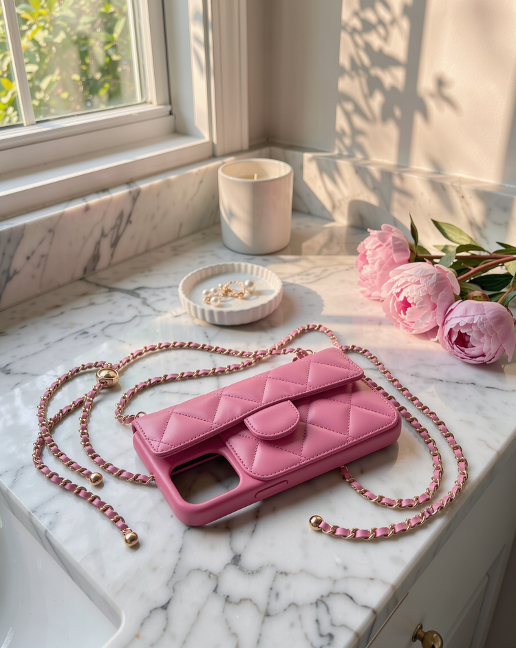 Pink case on a marble counter by a window
