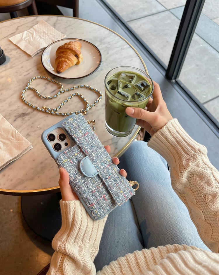 Tweed Chain Phone Case – Sky Blue