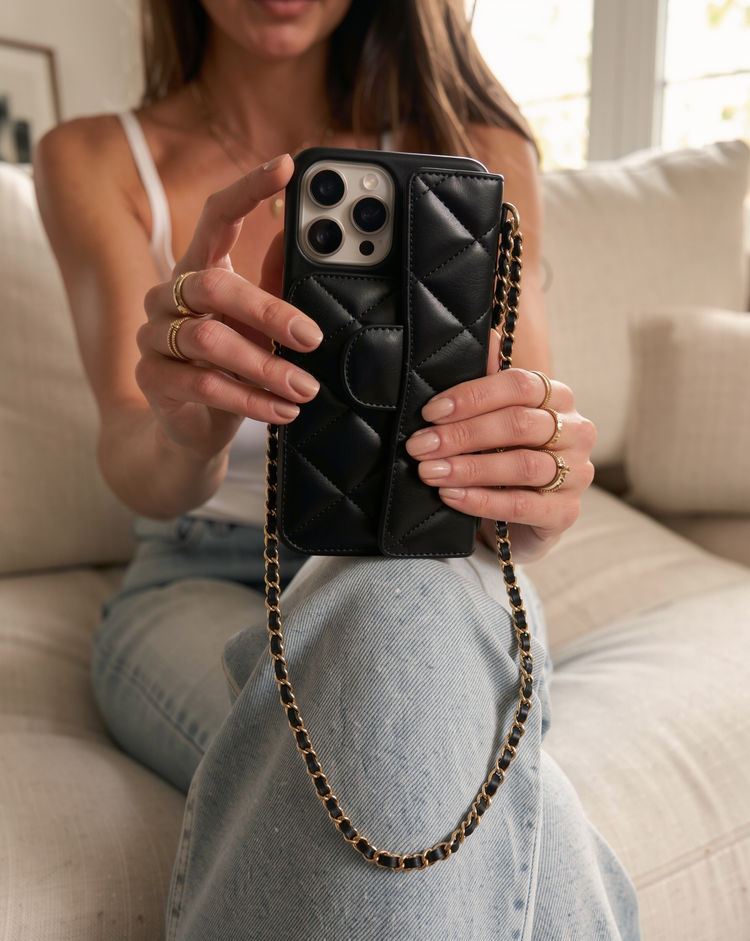 Quilted Chain Phone Case – Midnight Black